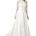 ZHEXUDAI Lace Stamp High Neck Wedding Dress with Long Sleeves ，Elegant Satin A-Line Bridal Gown with Train for Formal, M