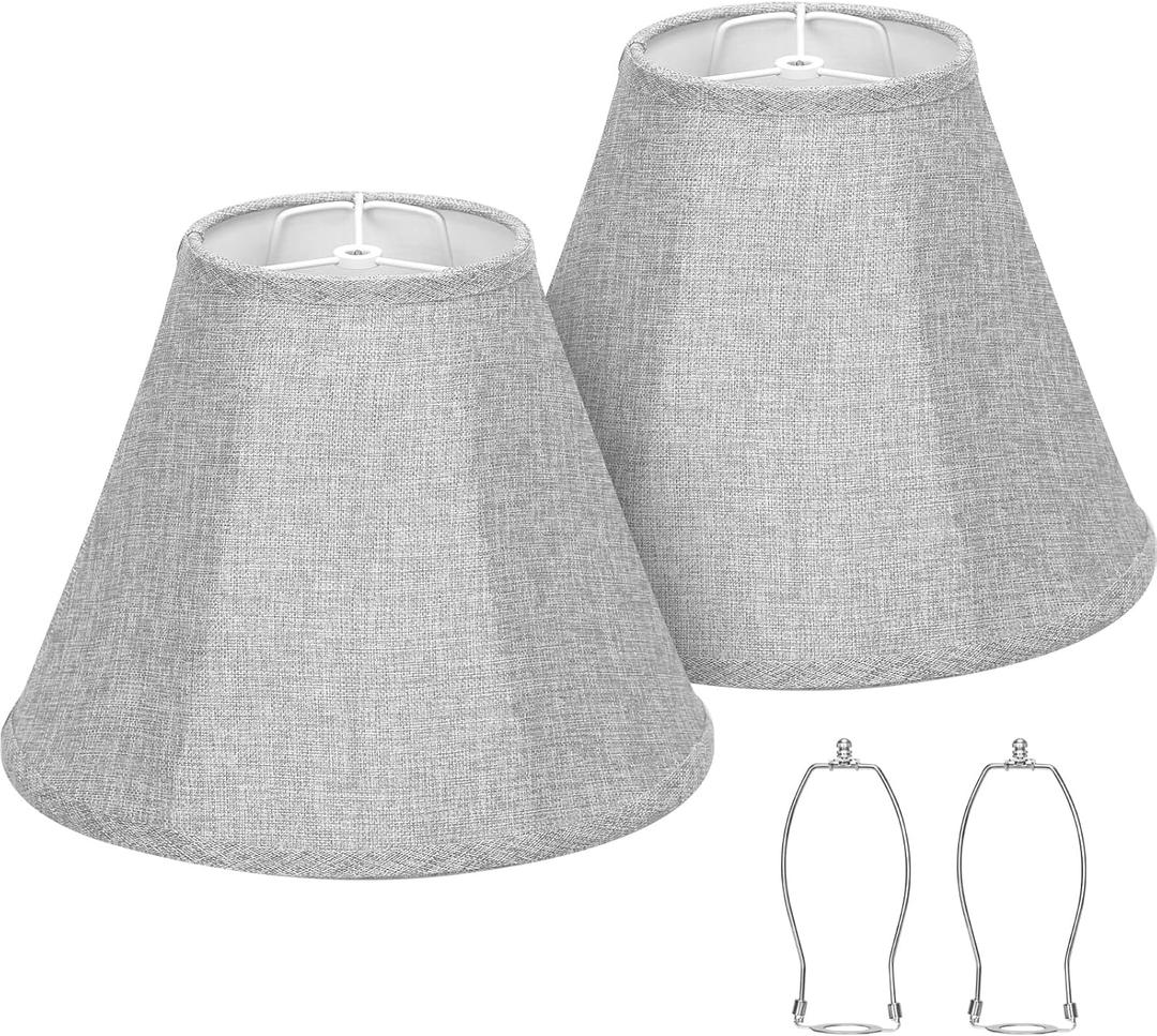 Bell Lamp Shades Set of 2, Gray Fabric Lampshades 6"Top x 13"Bottom x 10"High Medium Shade Replacement, Natural Linen Hand Crafted(Spider Fitter), Harp Holders Included, Easy Assembly Required