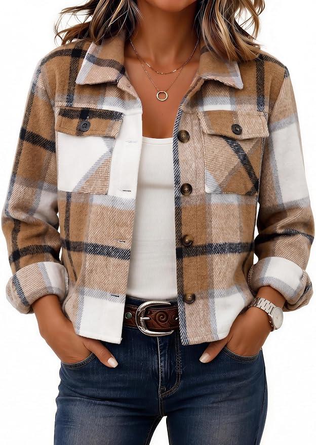 Zaayogarden  Flannels for Women Cropped Shacket Jacket Fashion Plaid Button Down Shirt Fall Coat Tops, M