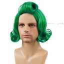 Besuante Short Green Wig Wavy Curly Costume Wigs with White Eyebrows for Halloween