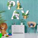 Kathfly 4 Pcs Jungle Animals Theme Play Sign Playroom Wall Decor Wood Forest Safari Wall Art Play Room Decor for Kids Nursery Room Decorations, 11 x 10 inches