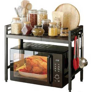 Expandable Microwave Stand 2 Tier Metal Kitchen Counter Organizer for Microwave with 6 Hooks Bakers Rack Microwave Shelf Microwave Oven Rack 55lbs Weight Capacity, 25 inch