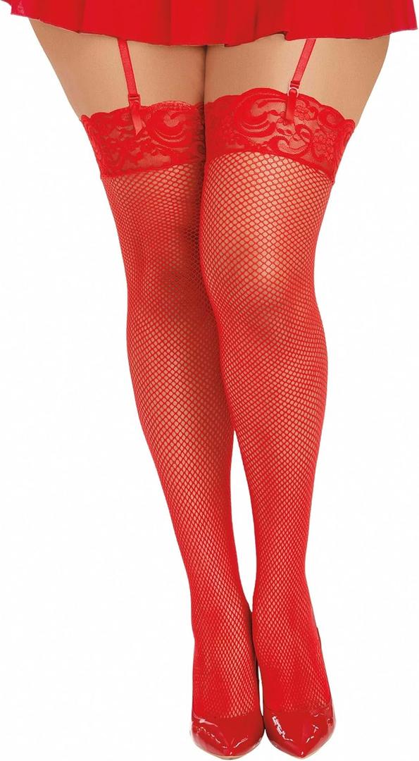 Dreamgirl Women's Lace Top Fishnet Thigh High Hosiery, Red, One Size Queen