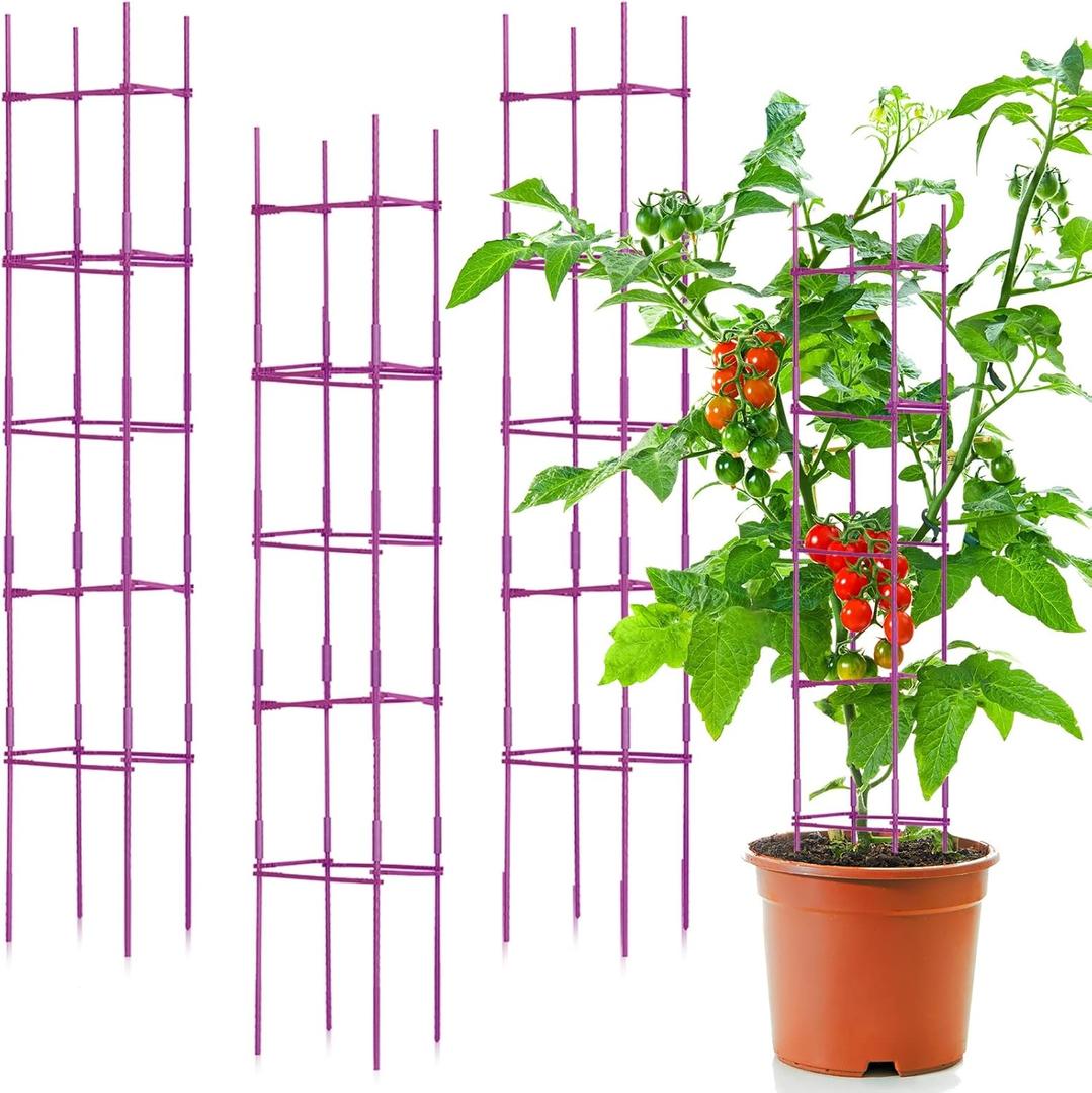 4 Packs Large Tomato Cages for Garden up to 6.5ft Heavy Duty Tomato Plant Trellis with 80 Clips Assembled Plant Support Cages with Adjustable Stake Arms for Vegetables, Climbing Plants (Purple)