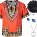 Kids Hippie Costume for Boys Girls 60s 70s 4 Pcs T-Shirt Afro Wig Set for Halloween Party Cosplay, 11-12 Years Yellow