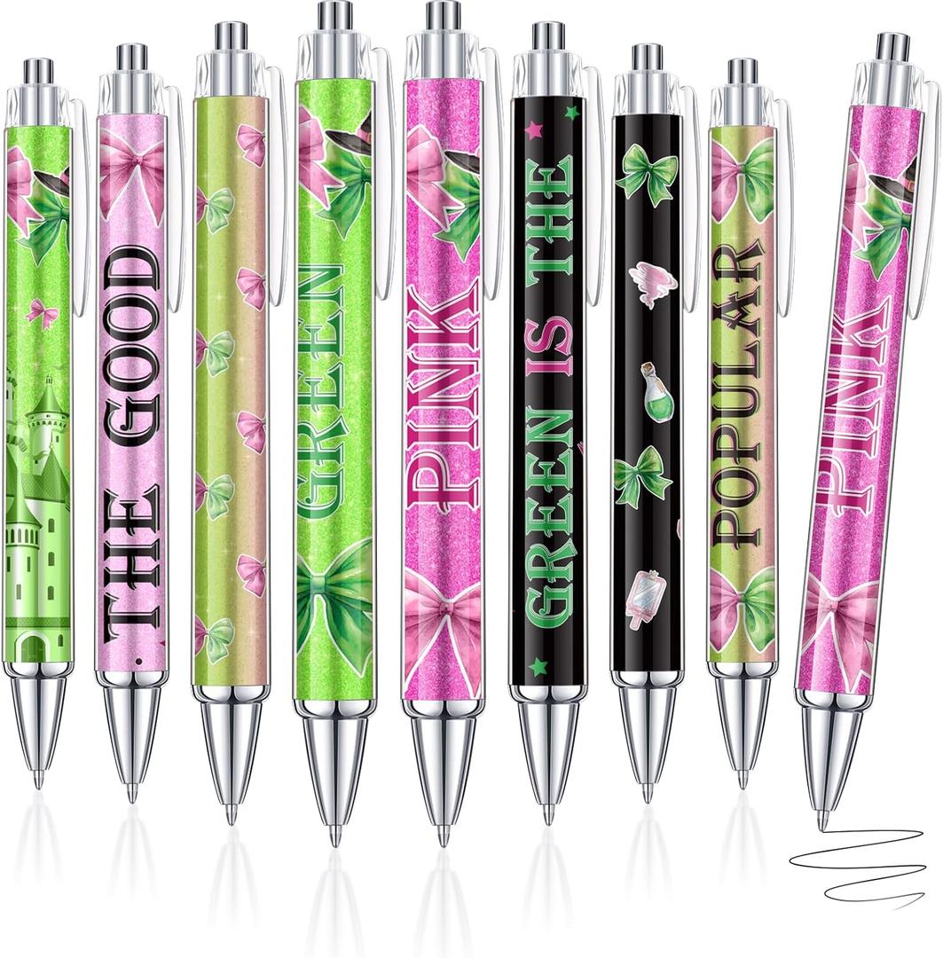 Kosiz 48 Pcs Pink Green Black Ballpoint Pens Princess and Witch Theme Pens Bulk Glitter Halloween Witch Party Favors for Girls Women Office School Birthday Party Supplies, 1.0 mm Black Ink