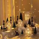 Ktinnead 22 Pcs Ceramic Christmas Village Sets, 4 LED Lighted Christmas Village Houses with Xmas Trees and Mini Figurines, White Porcelain Snowy Town Scene Decor for Home Party Holiday Table