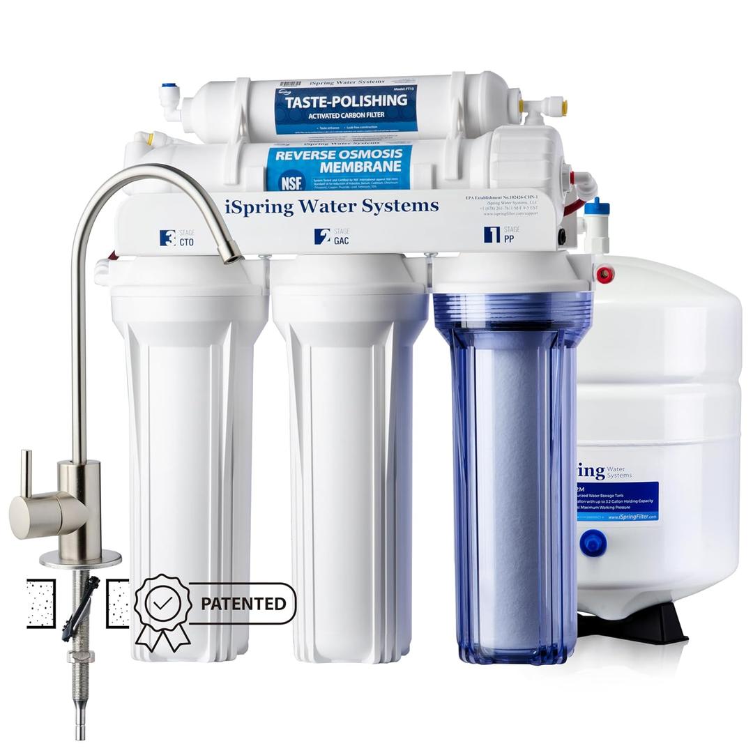iSpring RCC7, NSF Certified, High Capacity Under Sink 5-Stage Reverse Osmosis Water Filter, RO Drinking System, 75 GPD, Brushed Nickel Faucet, Patented Top-Mounted Faucet Design for Easy Installation