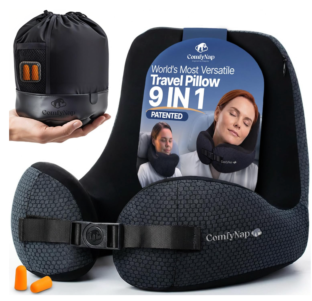 ComfyNap Versatile Travel Neck Pillow for Airplane [Patented], 9 Positions in 3 Techniques, Plane Pillow with Pure Memory Foam, Travel Pillow with HeadRest Flight Sleep, Travel Essential