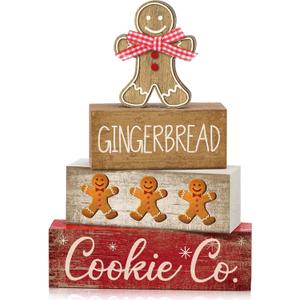 4 Pcs Christmas Table Decor Gingerbread Man Decoration Christmas Centerpiece Winter Tiered Tray Decor Rustic Gingerbread Block Signs Gift Winter Table Decoration for Xmas Party Kitchen Home