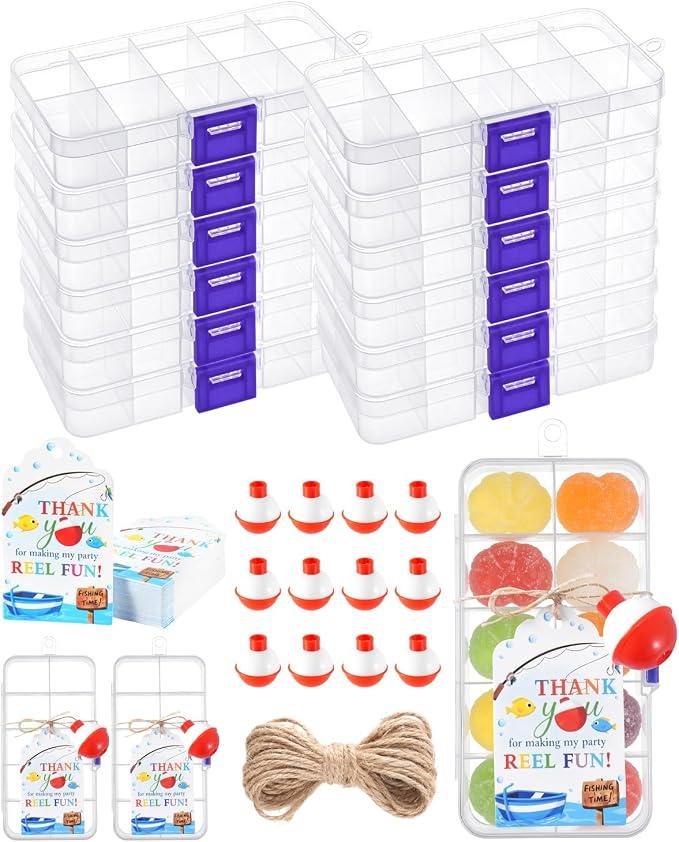 12 Set Fishing Party Favor Tackle Boxes with Bobber Cards, Mini Candy Tackle Box Gifts, Gone Fishing Birthday Party Decorations and Baby Shower Gifts