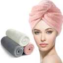 YFONG 3 Pack Microfiber Hair Towel Wrap for Women Girls, Super Absorbent Turban Towels for Drying Wet Hair, Anti Frizz Head Towels for Curly All Hair Style, Turbie Twist (Pink,White, Gray)