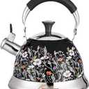Stainless Steel Whistling Tea Kettle Stovetop - 3.1QT Tea Pot for Stove Top, Vintage Floral Print, Foldable Handle, 304 Stainless Steel Interior Teatop for Tea, Coffee, Party & Gift (Black Field Flower)