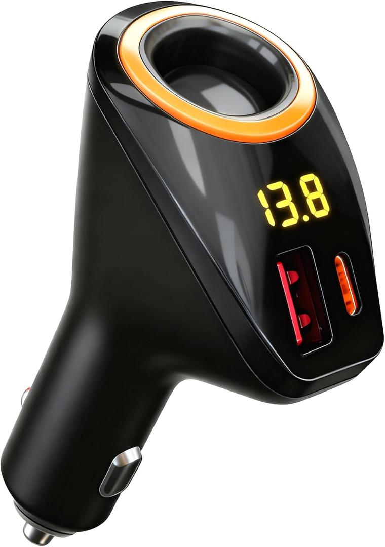 Cigarette Lighter Splitter, 4-in-1 Cigarette Lighter Adapter with 65W USB C PD3.0 & 22.5W QC3.0 Fast Charging + LED Voltage Display & Expandable 12V Socket Car Charger for iPhone 17/ 16/ 15 Samsung S25