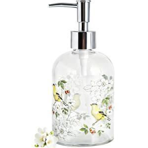 Topadorn 17oz Glass Soap Dispenser with Plastic Pump for Kitchen and Bathroom, Refillable Clear Bottle for Dish Soap & Hand Soap (Bird)