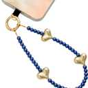 Beaded Phone Wrist Strap for Women Pearl Wristlet Strap Cute Phone Lanyard Golden Heart Shaped Bead Cellphone Chain (Blue)