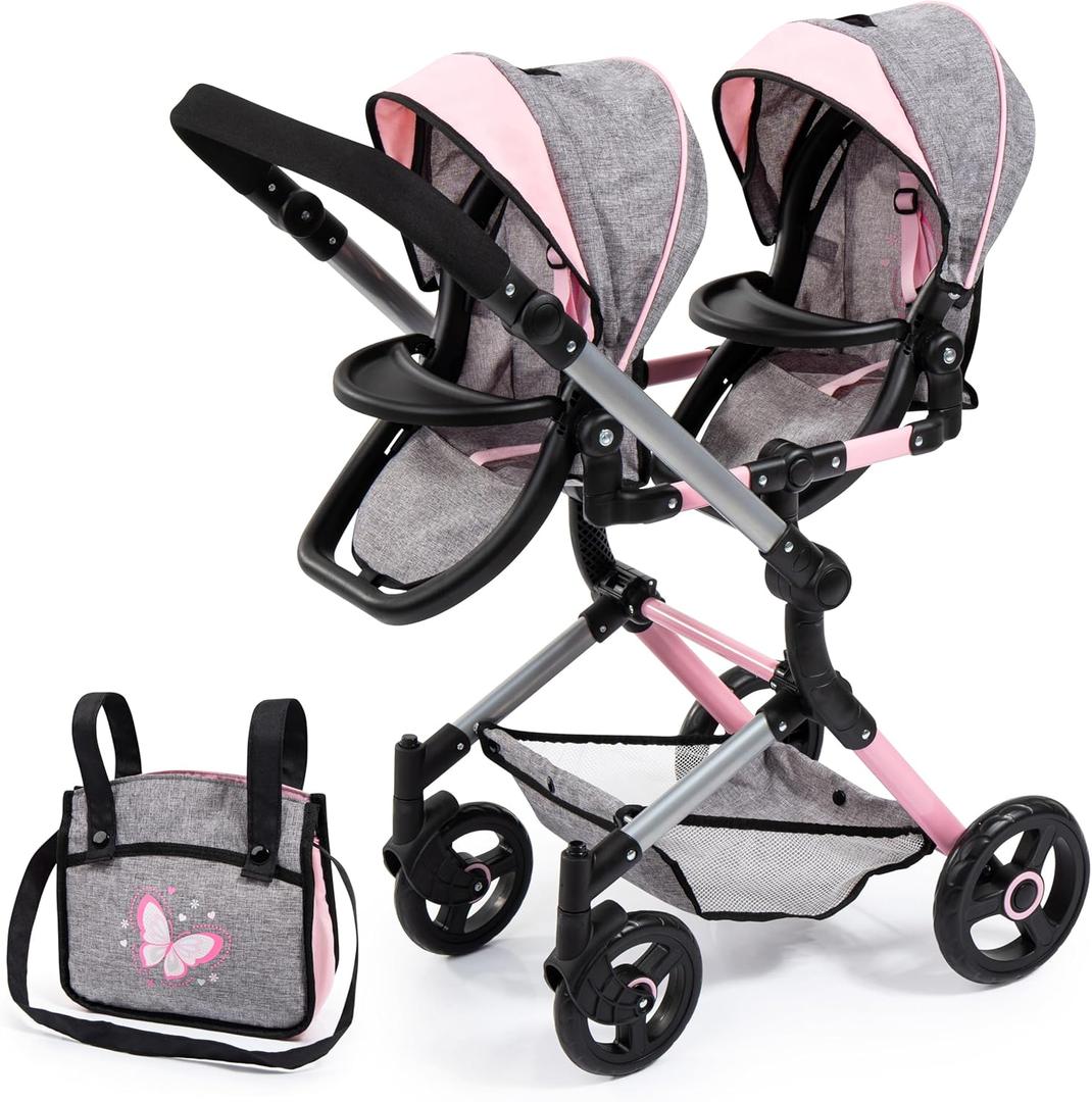 Bayer Twin Doll Pram Neo, Grey, Pink with Butterfly, Jean Look