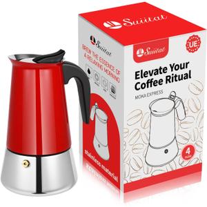 Moka Pot, 4 Cups (7.1 oz) Stovetop Espresso Maker, 304 Stainless Steel Moka Pot, Induction Compatible, Red