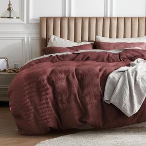 Bedsure Cotton Duvet Cover Queen - 100% Cotton Waffle Weave Maroon Red Duvet Cover Queen Size, GentleSoft and Breathable Bedding Set for All Season, 3 Pieces, 90"x90"