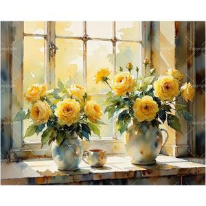 TAOPAOLAB Yellow Roses in Vase Paint by Numbers Kit for Adults - DIY Floral Window Scene Painting on Canvas 16x20 Inches, Acrylic Paint Set, Suitable for Beginners, Art for Home Decoration or Gifts