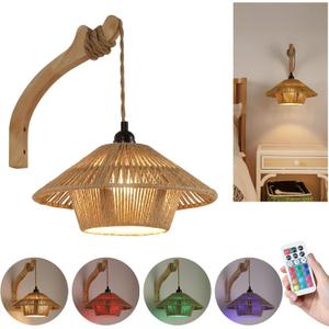 Dijiahua Battery Operated Large Wall Sconce,Wireless Rechargeable Woven Rattan Boho Sconces Wall Lights with Remote, RGB 12 Color-Changing Wall Lamp, Indoor 10.8" Dia Oversized 1-Light Cordless Sconce (1 Pack-Lanterns, Brown+Yellow)