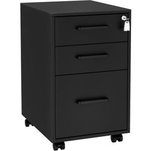 SONGMICS File Cabinet, Pre-Assembled Except Wheels and Handles, Office Filing Cabinet with Lock, for A4, Legal, Letter Sized Documents, 17.7 x 14.4 x 23.6 Inches, Matte Black UOFC110B02