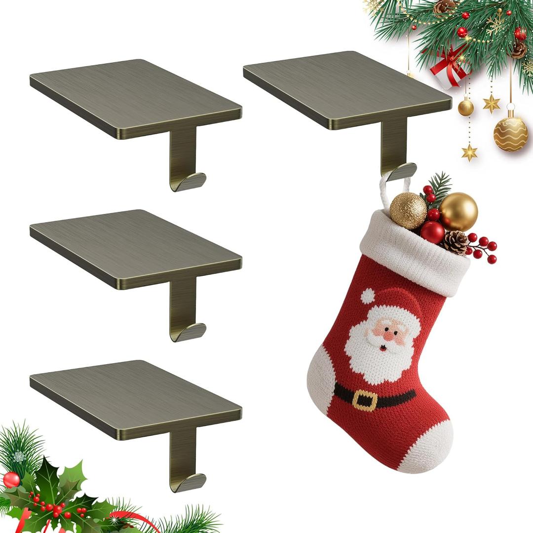 Christmas Stocking Holders for Mantle Set of 4, Heavy Duty Stocking Holder Hooks for Fireplace Tabletop Shelf Christmas Ornaments, Cast Iron Stocking Hangers Base, Bronze