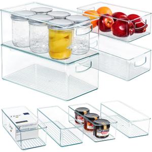 Hudgan 8 PACK Stackable Pantry Organizer Bins (3 sizes) - Clear Fridge Organizers for Kitchen, Freezer, Countertops, Cabinets - Plastic Food Storage Container with Handles for Home and Office (2XL+2M+4S)