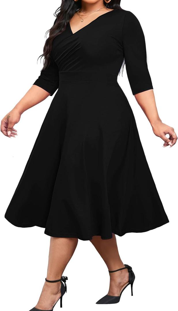 CLOCOR Women's Plus Size Midi Dress 3/4 Sleeve A-Line Swing Dress V Neck Flowy Casual Dresses (Black, L)