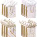 Dimetey 12pcs 9" Gift Bags, Medium Size Paper Bags with Tissue Paper, White Gold Wrap Paper Gift Bags with Handles for Shopping Party Wedding Baby Shower Holiday Presents (Gold)