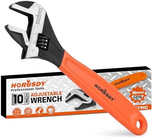 HORUSDY 10" Adjustable Wrench Pipe Spanner: Wide Jaw Black Oxide Wrench With Cushion Grip, Laser Marked Metric & SAE Scales, CR-V Steel, for Professionals