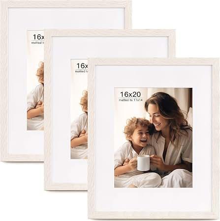 FinalFind 16x20 Picture Frame with Mat for 11x14 Set of 3, Distressed White Wood Grain 16x20 Frames for Horizontal & Vertical Wall Mounting (3 Pack,White)