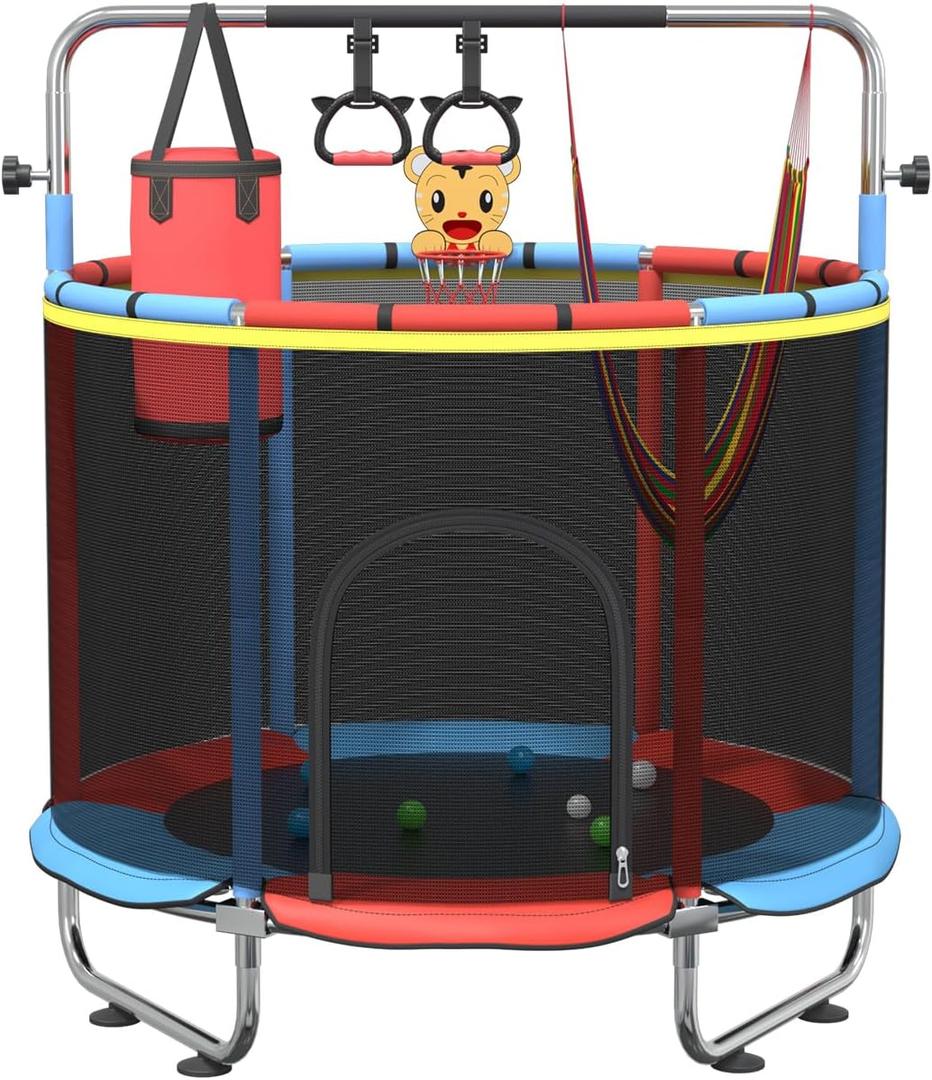 60" Trampoline for Kids,5FT Adjustable for Toddler Trampoline with Enclosure Net,Trampolines Indoor/Outdoor with Basketball Ball& Toys for Boys & Girls
