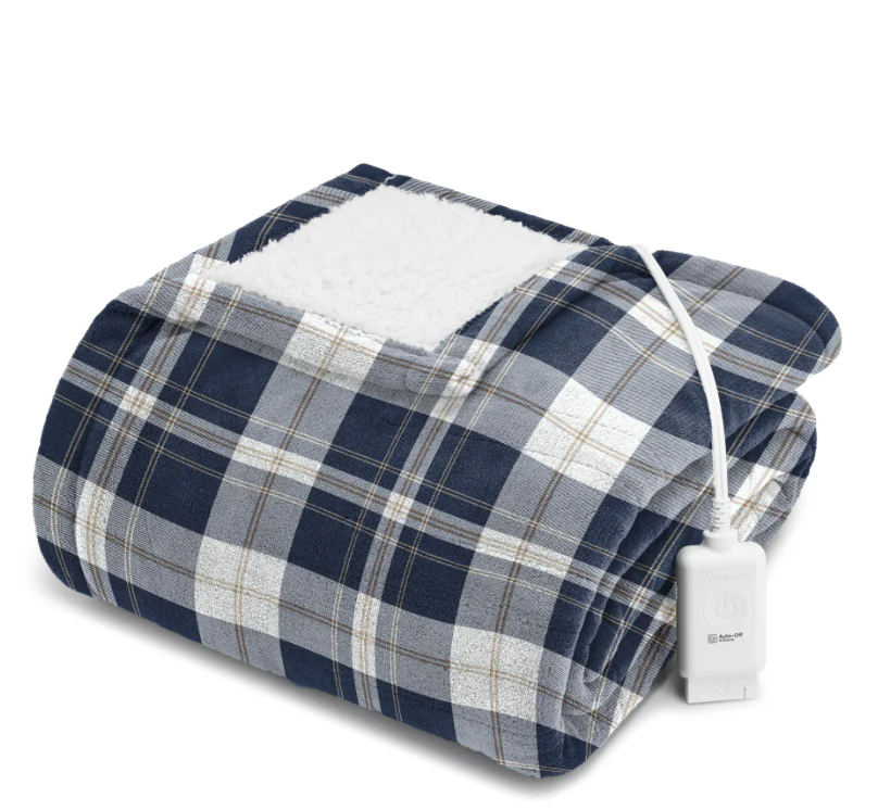 Sunbeam Microplush Sherpa Electric Heated Throw Blanket-Black/White Plaid 60×70"