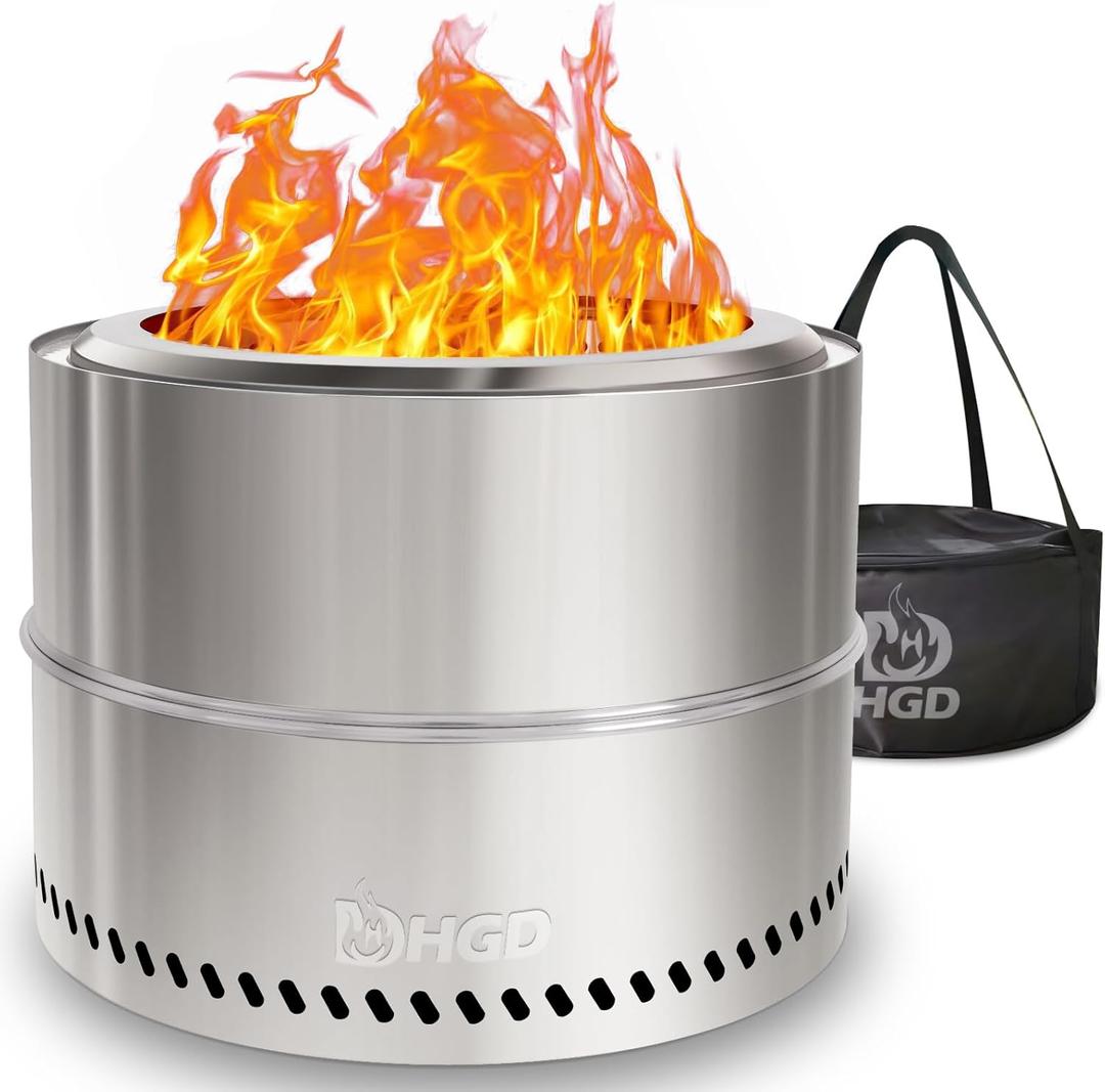 HGD 20 inch Smokeless Firepit Outdoor, Portable Smokeless Fire Pit for Camping with Travel Bag, Stainless Steel Wood Burning Stove for Backyard & Patio, Easy Setup & Compact Storage (Silver)