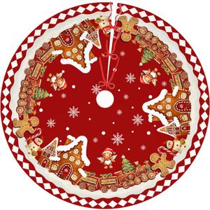 Red Gingerbread Christmas Tree Skirt Decorations House Decor Christmas Gingerbread Tree Ornaments Holiday Party Indoor Outdoor Xmas Trees Mat 36 Inches