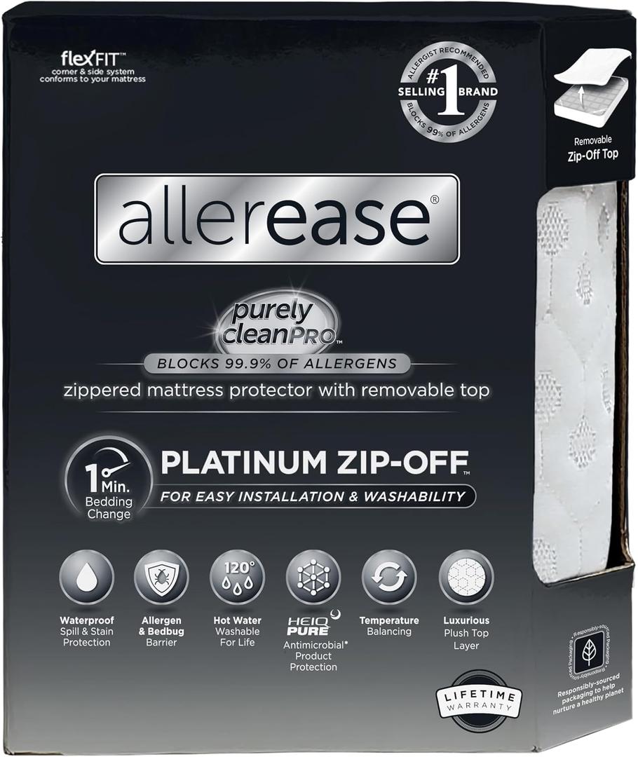 AllerEase Platinum Zip-Off Top Waterproof Mattress Protector Full 360 Degree Zipper Particle Barrier Temperature Balancing Luxurious Plush Top Separately Machine Washable Mattress Cover (White)