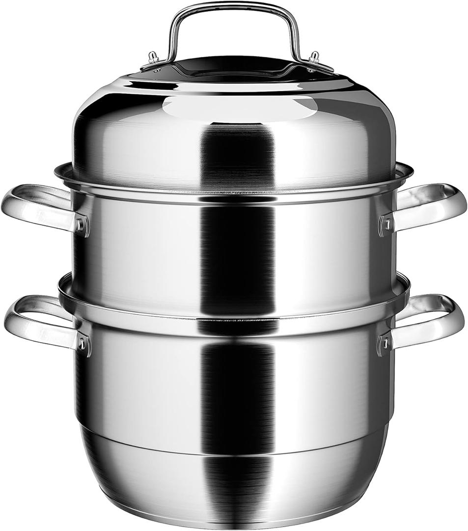 VENTION 3 Tier Steamer Pot Stainless Steel 13.4 Inch, Large Induction Steamer for Cooking Tamales 14.7 Qt, 34cm Steam Pot for Dumplings and Vegetables