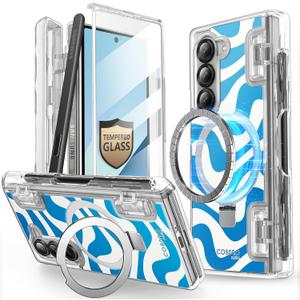 i-Blason Cosmo for Samsung Galaxy Z Fold 6 Case with MagSafe Stand & S Pen Holder [Built-in Tempered Glass Screen Protector] [Hinge Protection] Full Protective Magnetic Case for Z Fold 6 (BlueSwirl)