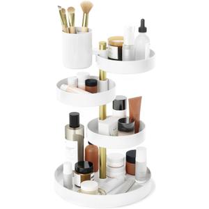 Umbra Pirouette Cosmetic Organizer, Large Capacity Makeup Storage with Adjustable Compartments, White/Brass