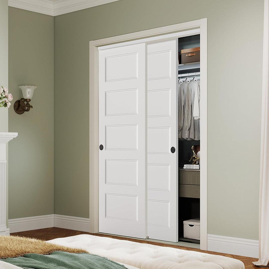 BARNSMITH 48x80 in 5-Panel Bypass Sliding Closet Door, White Primed Door Slab with Bypass Closet Track Hardware Kits, Paintable and Lightweight