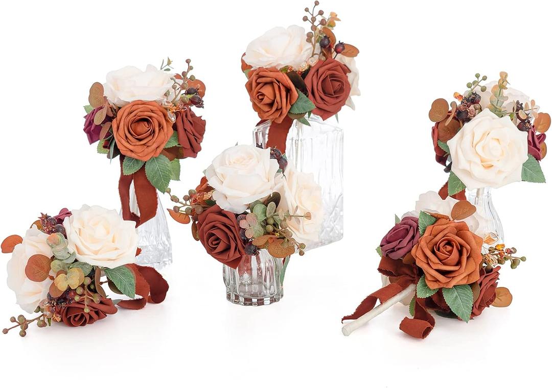 Ling's Moment Burnt Orange Wedding Centerpieces Flowers Mini Bridesmaid Bouquets Set of 6 Terracotta Table Decor Pre-Made Small Floral Fall Wedding Decorations
