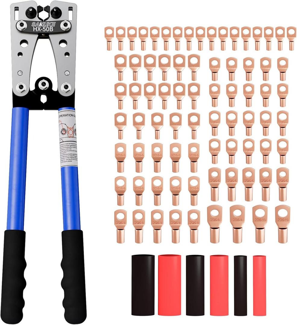 Sanuke Battery Cable Lug Crimping Tool for AWG10-1/0, Wire Crimper with 78pcs Copper Lug Ring Terminal Connectors, 110pcs Heat Shrink Tubing, Electrical Wire Crimping Tool Set