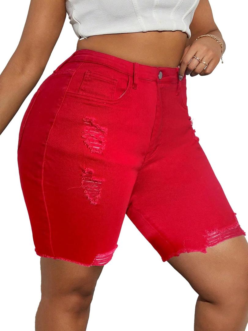 Plus Size Casual Distressed Denim Bermuda Shorts, Ripped Jean Shorts with Raw Hem 5XL 