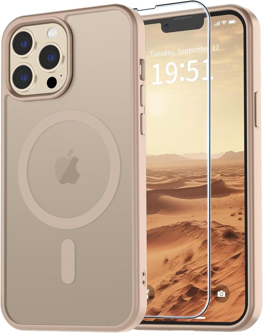 vnnink for iPhone 13 Pro Max Case with Screen Protector,Magnetic Matte Military Grade Drop Protection Translucent Cell Phone Cover - Slim Rugged Durable Shockproof Bumper Cover-Desert Gold