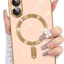 OOK Magnatic Case for Samsung Galaxy S25 Plus [Compatible with MagSafe] Full Camera Lens Protector Gold Electroplate Edge Soft TPU Shockproof Protective Phone Case for Women Girls - Pink
