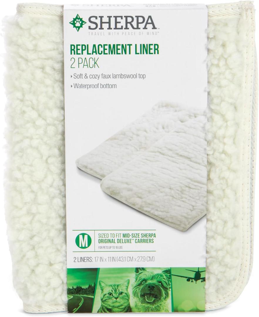 Sherpa Replacement Liners for Travel Pet Carriers - Soft Absorbent Cat & Dog Kennel Pad with Waterproof Backing, Machine Washable Crate Pads, 16.5x11.25in - 2 Pack, White, Medium