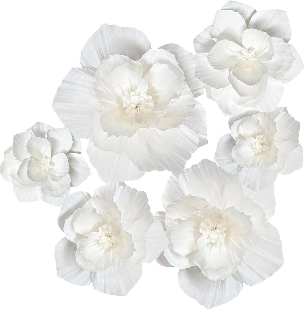 Qunland White Paper Flowers Artificial 3D Wall Décor Wedding Birthday Bridal Baby Shower Nursery Room Backdrop Table Centerpieces 12"-8" 6 Pcs Crepe Tissue Paper Flowers Party Decorations