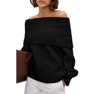 MASCOMODA Womens Sweaters Off The Shoulder Long Sleeve Cable Knit Sweater Loose Chunky Pullover Dressy Work Tops Fall Fashion (Large, Black)