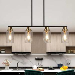 Island Lights for Kitchen, 4-Light Farmhouse Dining Room Light Fixtures Over Table, Matte Black and Gold Linear Chandeliers for Dining Room，Industrial Pendant Lighting with Clear Glass Shade